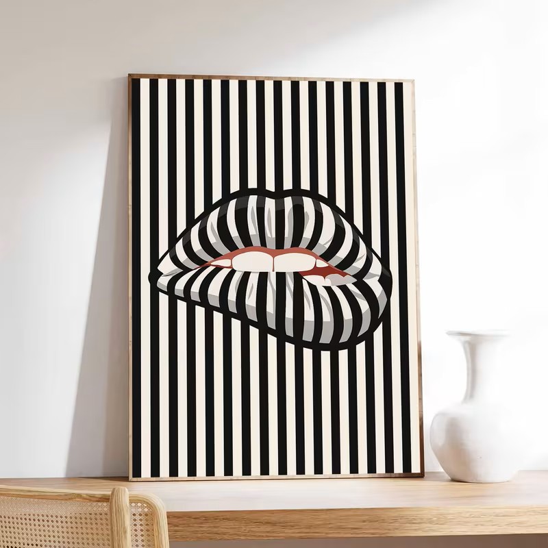 Home Decor Design Interior - Simple and Abstract Striped Lip-shaped Canvas