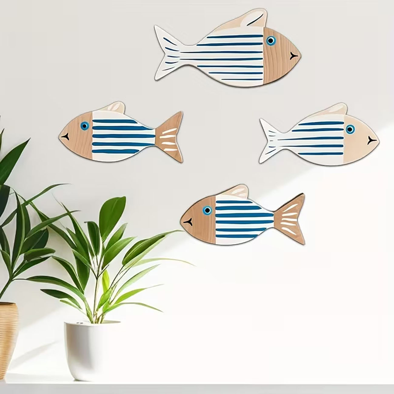 Home Decor Nautical - 4 Pcs Wooden Striped Fish Wall