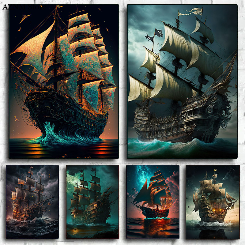 Abstract Pirate Ship Sea Moon  - Home Decor Nautical recension och pris