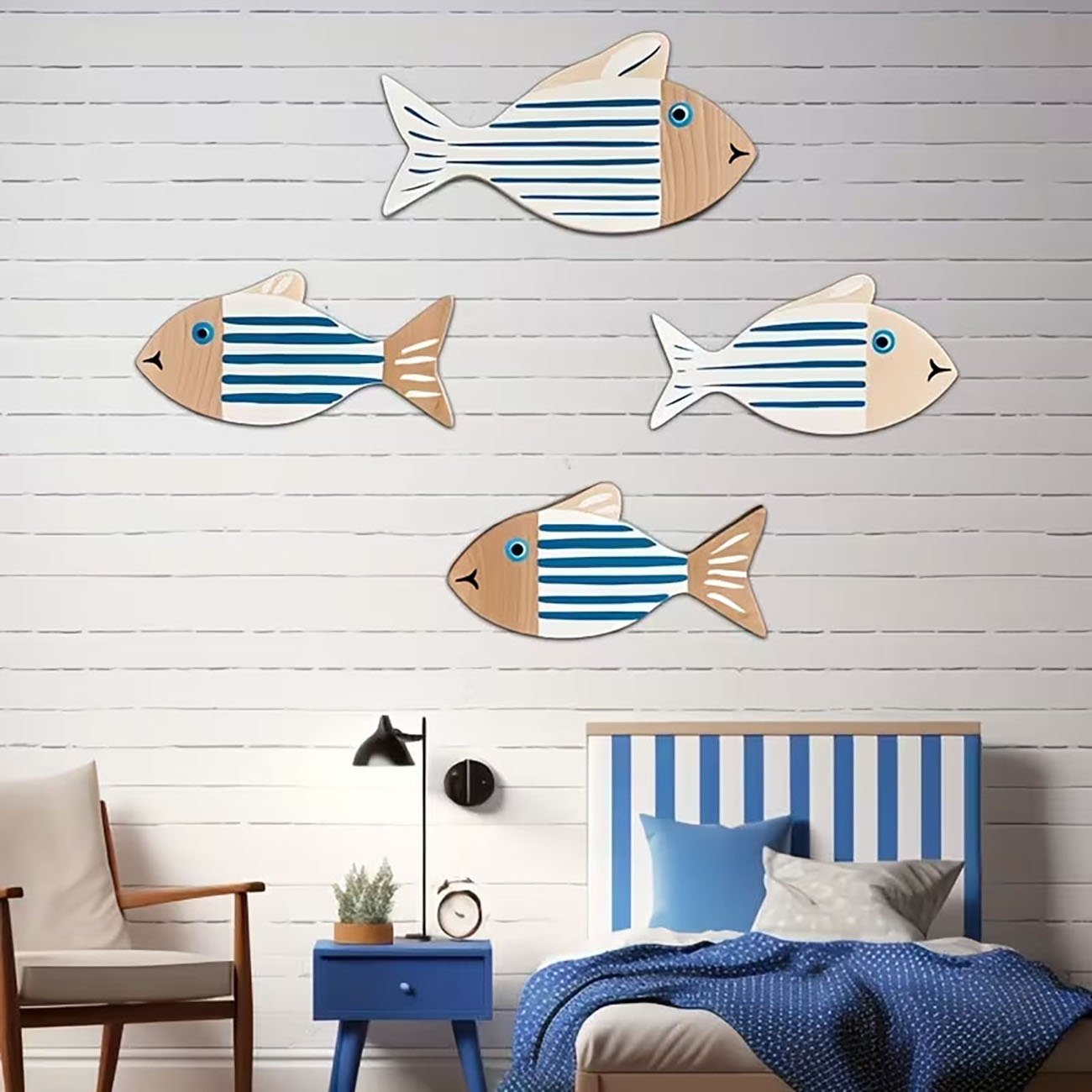 4 Pcs Wooden Striped Fish Wall - Home Decor Nautical recension och pris